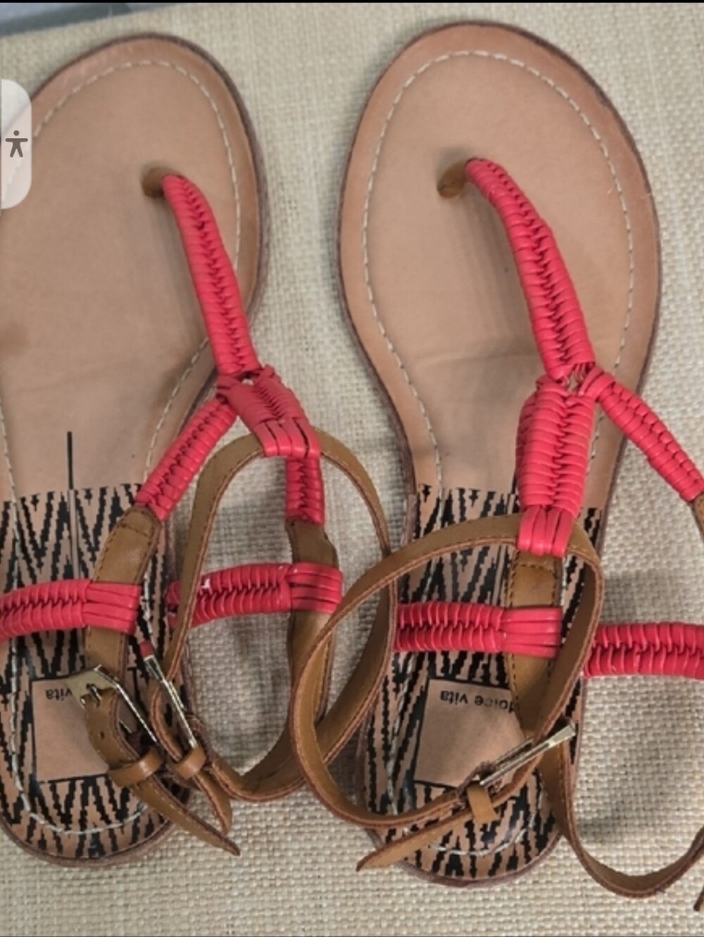 Dolce Vita Tan and Red T-Strap Sandals